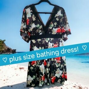 Floral Bathing Suit, Women's Swim Dress with Sleeves, Plus Size Swimsuit 18/20